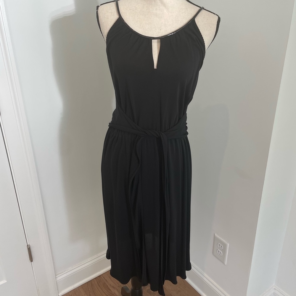 Eli Tahari black wrap dress with Patton leather straps